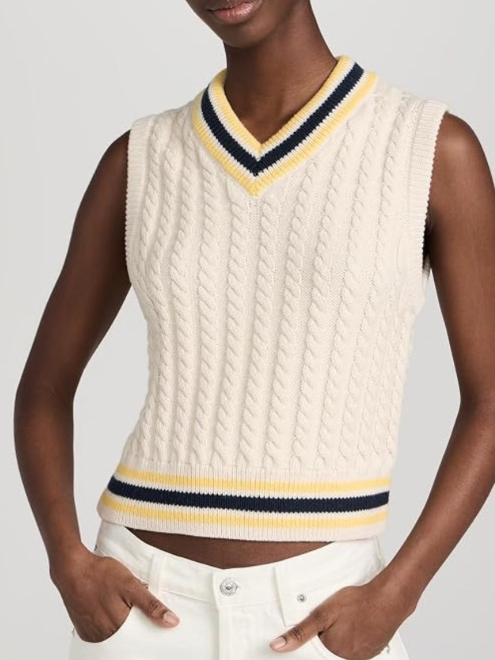 AMO Selma Chunky Cable Knit Sweater Vest Beige Size L Pima Cotton Preppy